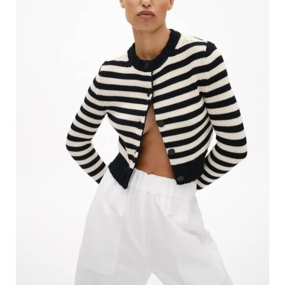 $315 G. Ivory Black Striped Demoiselle Cashmere Cotton Cardigan Sweater Medium - Picture 1 of 10